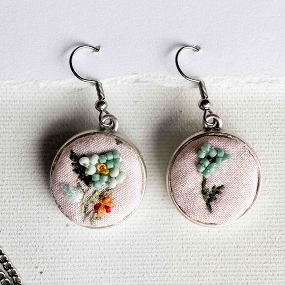 Handmade Pink and Blue Embroidered Floral Drop Earrings - Picture 3 of 13